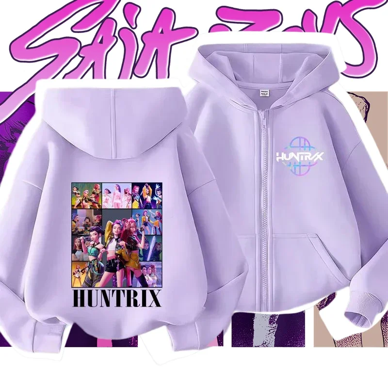 

Boys Kpop Demon Hunters Zipper Hoodies Kids Tracksuit Purple Sweatshirt Warm Soft Cool Anime Print Pullover​