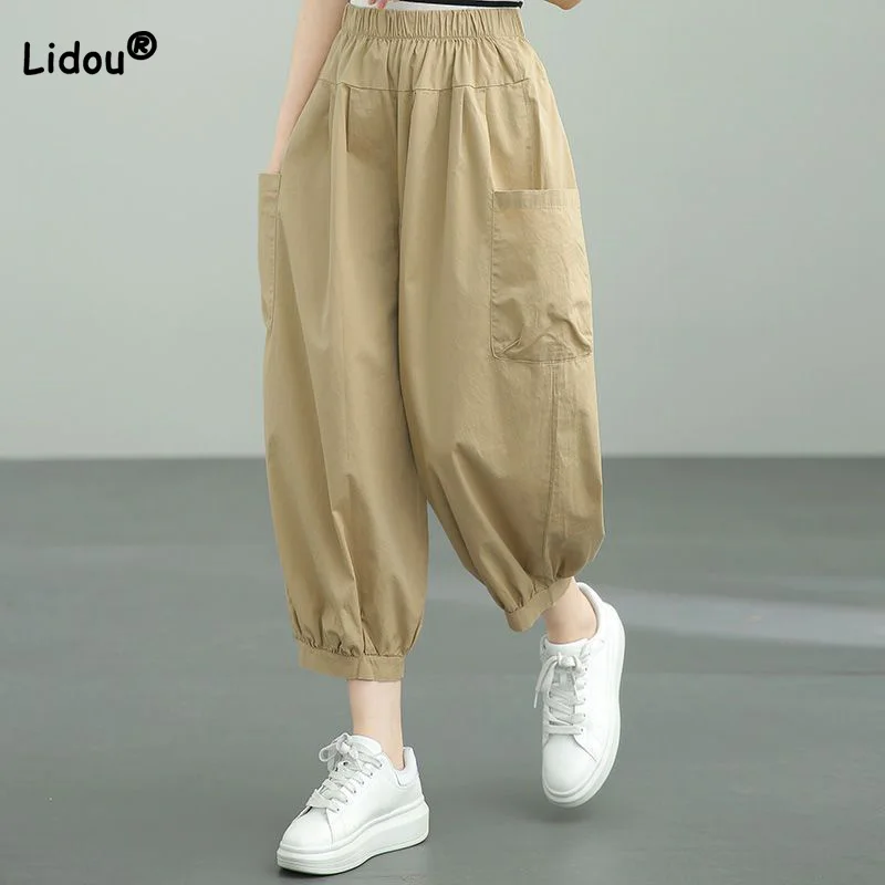 95% Puro Algodão Lado Duplo Bolso Painéis Harem Pants Senhora Primavera Verão Sólida Cintura Elástica Solta Bloomers Nove Pontos Calças