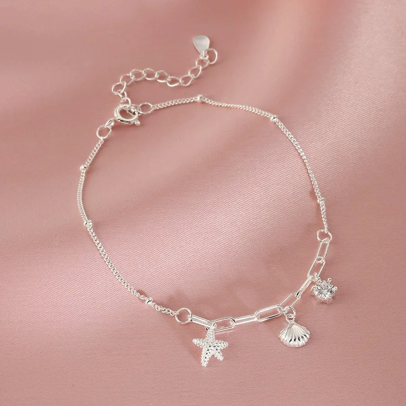 Trendy Sterling Silver Color Bracelets for Women New Sea Shells Charm Hand Chain Link Orignal Fashion Jewelry With Stamp