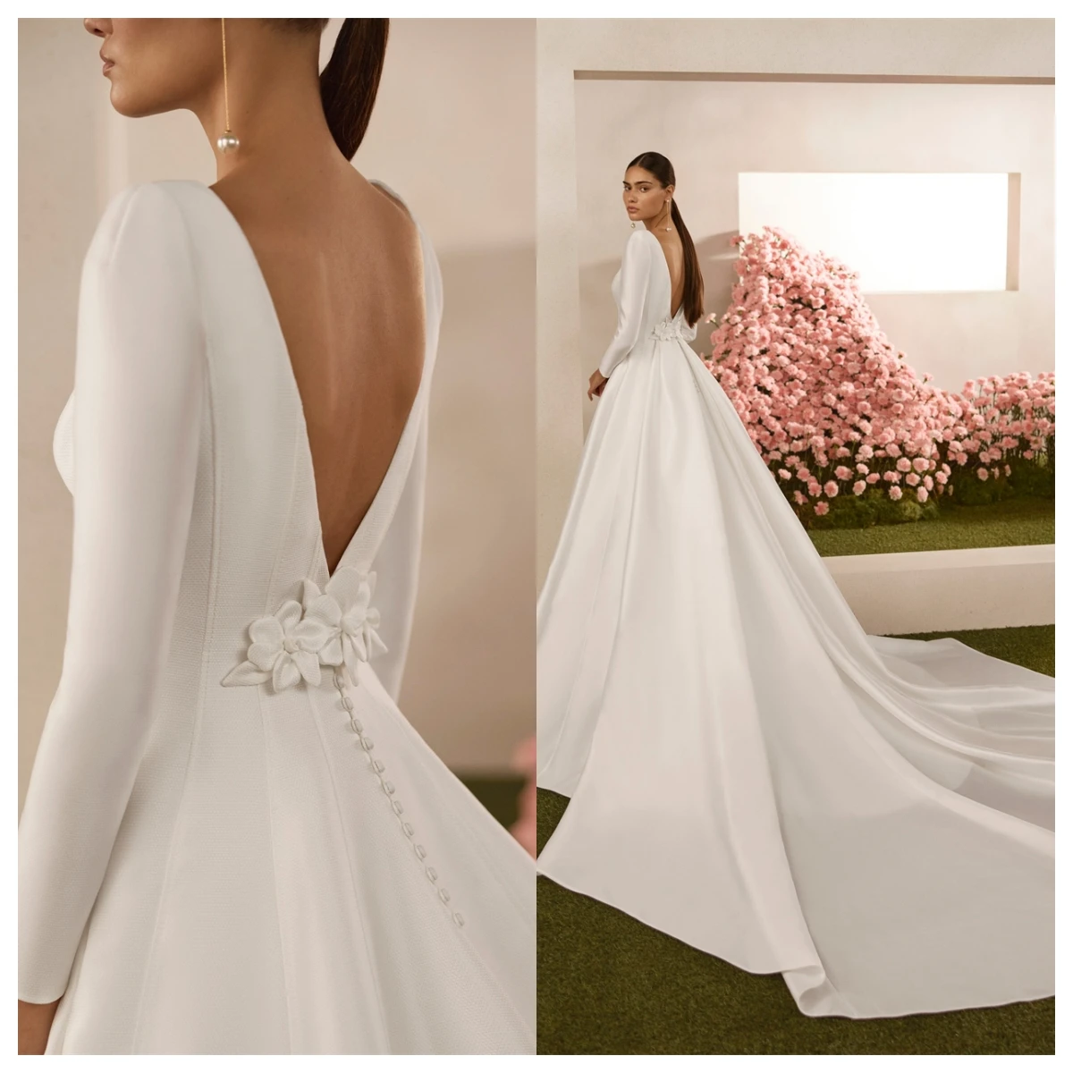 

Customized Exquisite White Satin Wedding Dress Delicate Crew Neck Long Sleeves Bridal Gowns Sexy Backless Vestido De Novia