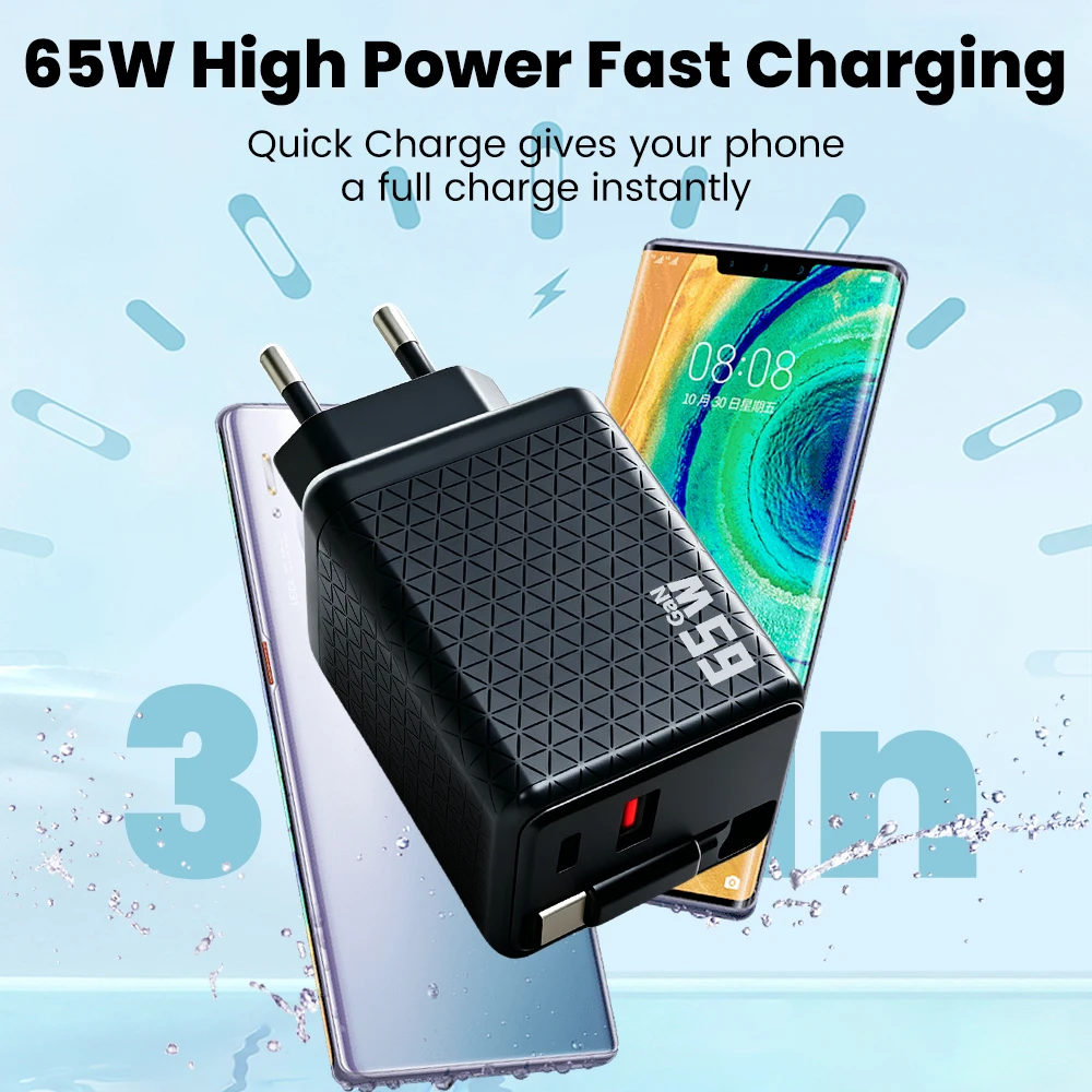 65W USB Charger Fast Charging Type C Phone Charger Adapter For iPhone Samsung Xiaomi Huawei EU/US Plug Wall Charger With Cable