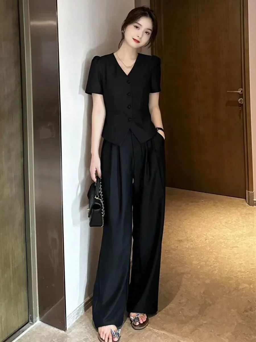 

Комплект брюк с прямыми штанинами для похудения, модный универсальный корейский женский летний наряд из полиэстера