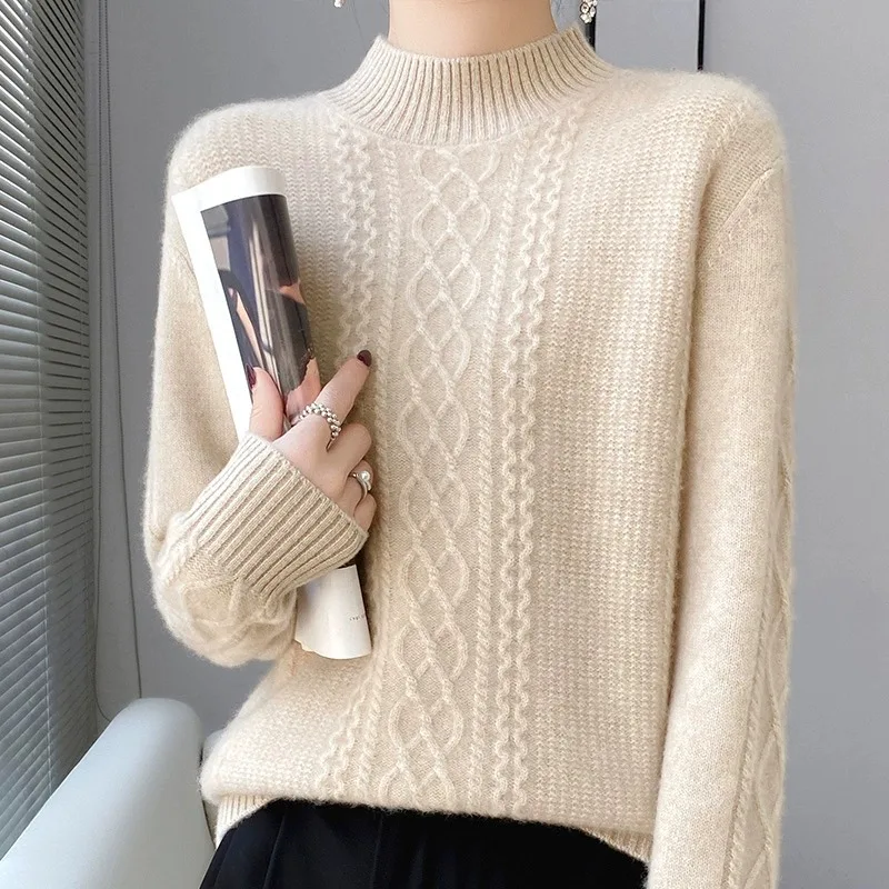   เสื้อสเวตเตอร์ไหมพรมผู้หญิง สำหรับฤดูใบไม้ร่วงและฤดูหนาว คอสูง ถักลายดอกไม้บิดเกลียว หนานุ่ม แฟชั่น