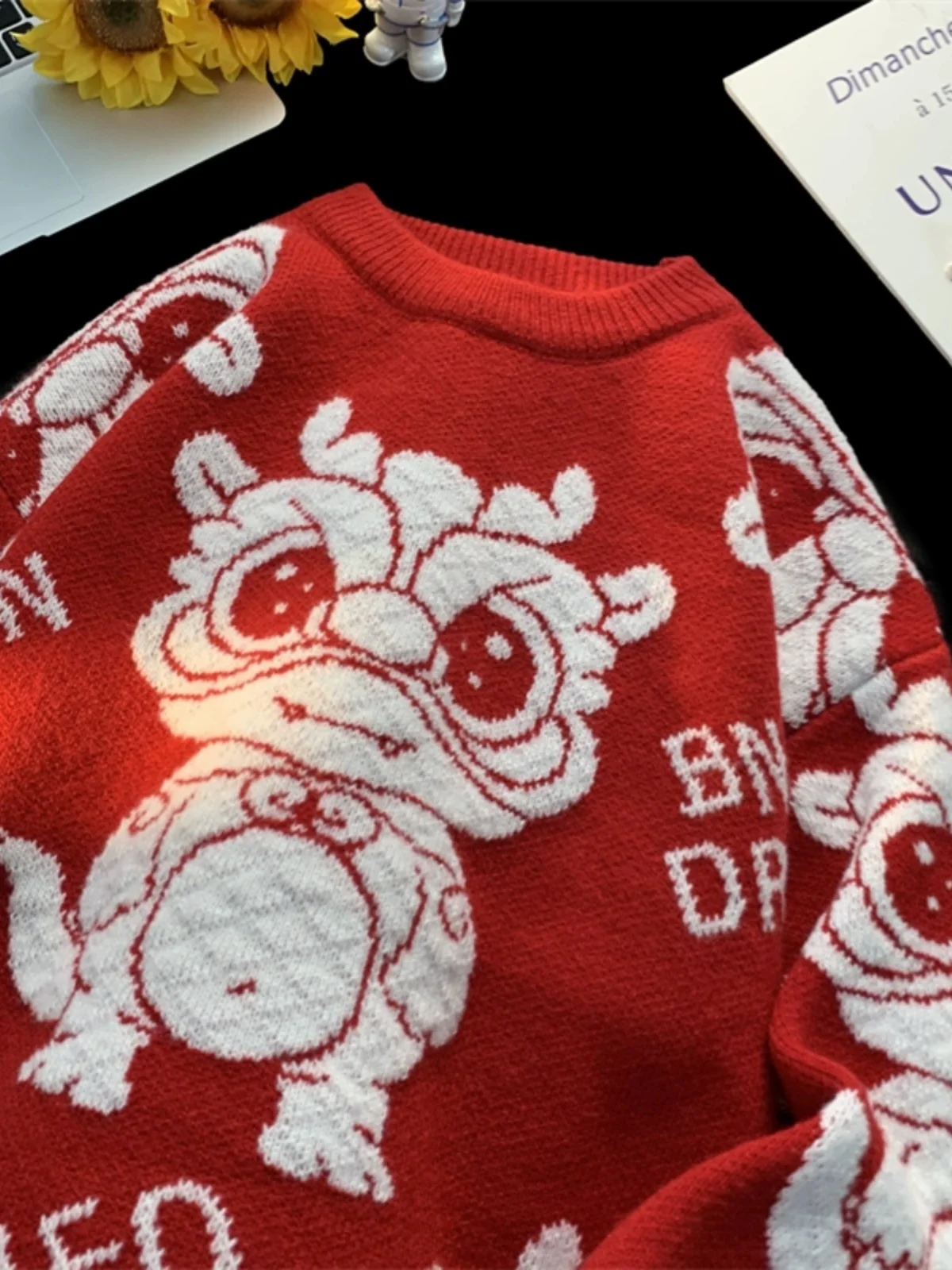 

Свободный комфортный вязаный свитер с длинными рукавами и открытым воротом, модный повседневный, в стиле Года Дракона, для подростков, весна-осень, полиэстер