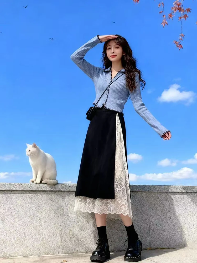 Maglione lavorato a maglia antietà vento delicato da donna autunno inverno vita alta pizzo dimagrante gonna f set V-Ne lungo Sve irt