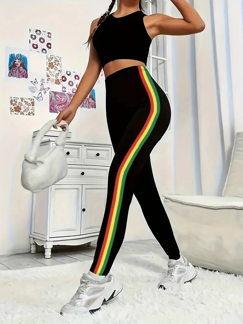 Matching striped print casual stretch slim leggings at home, work, travel and wear comfortable female leggings