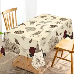 Halloween Day of The Dead Roses Skull Decoration Spider Web Pumpkin Crow Fabric Tablecloth Table Decor Durable Table Cover