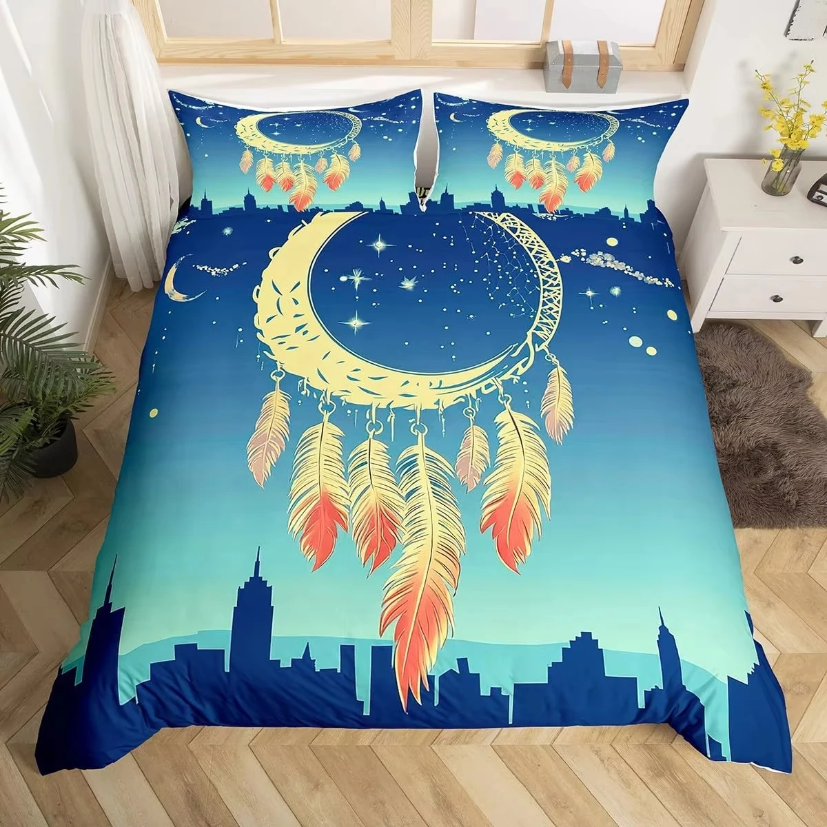 Bohemian Duvet Cover Set Dreamcatcher Geometric Feather Print Bedding Set King Queen Size Room Decor Microfiber Comforter Cover