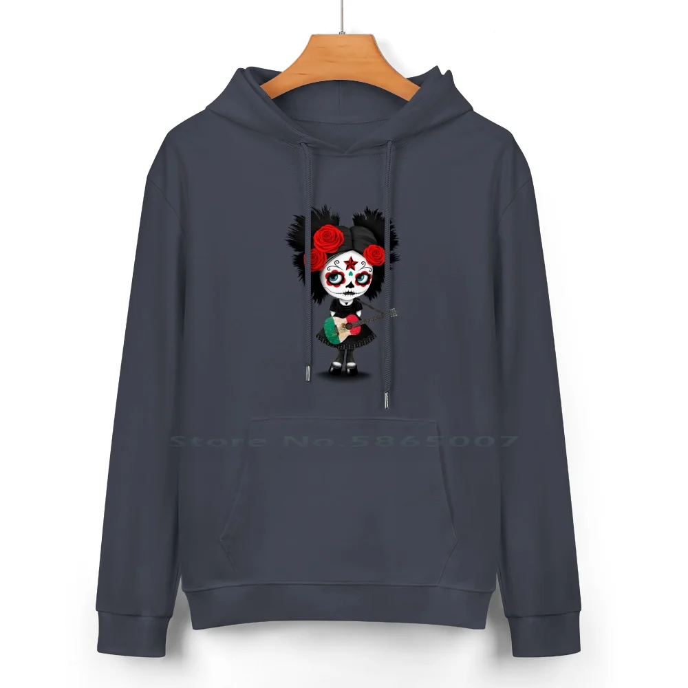 Sugar Skull Girl Playing Mexican Flag Guitar Pure Cotton Hoodie Sweater 24 Colors Day Of The Dead Girl Mexican Day Of The Dead