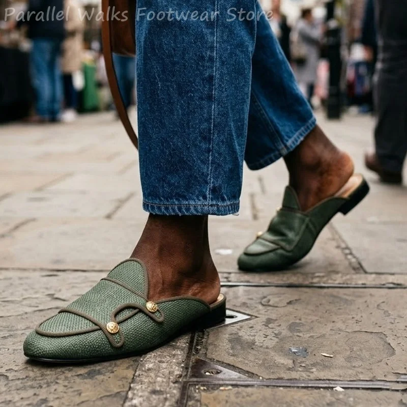 Smart Casual Men Woven Mules Backless Slip On Loafers Dual Gold Buttons Summer Outdoor Driving Flat Slippers Dress Shoes Green
