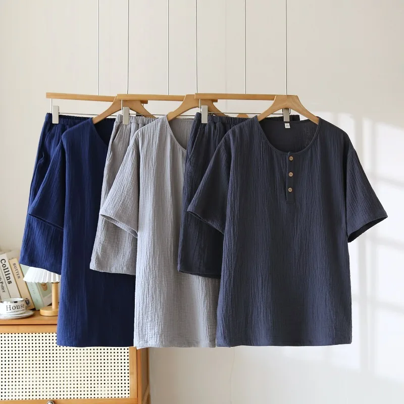 2026 Japanese New Summer Men's Pajama Set 100% Cotton Crepe Short Sleeve Shorts Round Neck Casual Home Clothes Two Piece Set