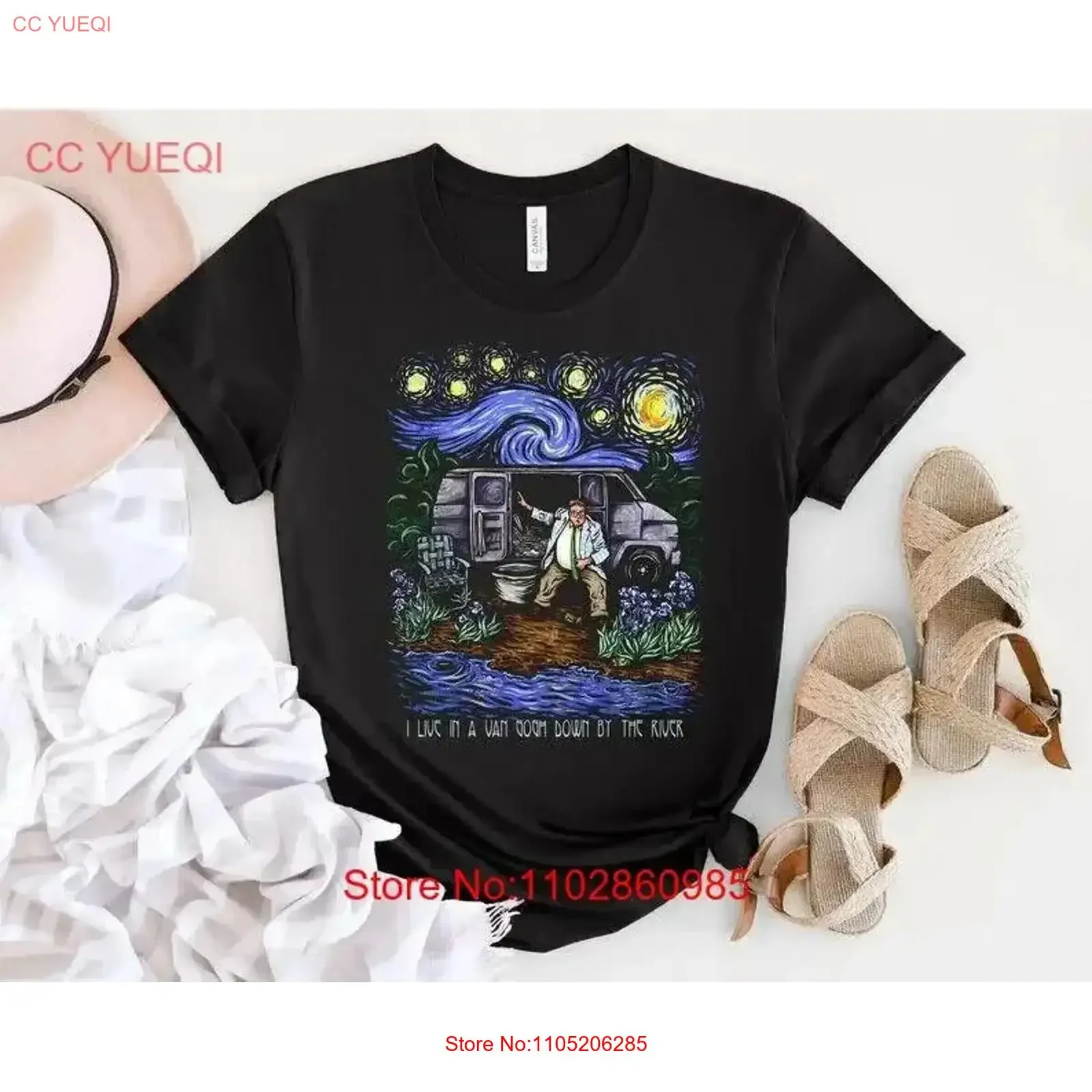 Van Gogh Live In A Down By the River Vintage T Shirt Starry NighT Ma Washed graphic fashion homme Stretched Casual Soft