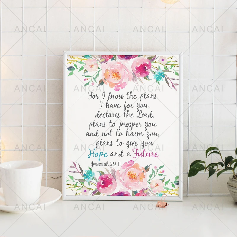 Bible Verse Jeremiah 29:11 Scripture Christian Wall Art Poster Print Watercolor Flowers Canvas Painting Wall Pictures Home Decor