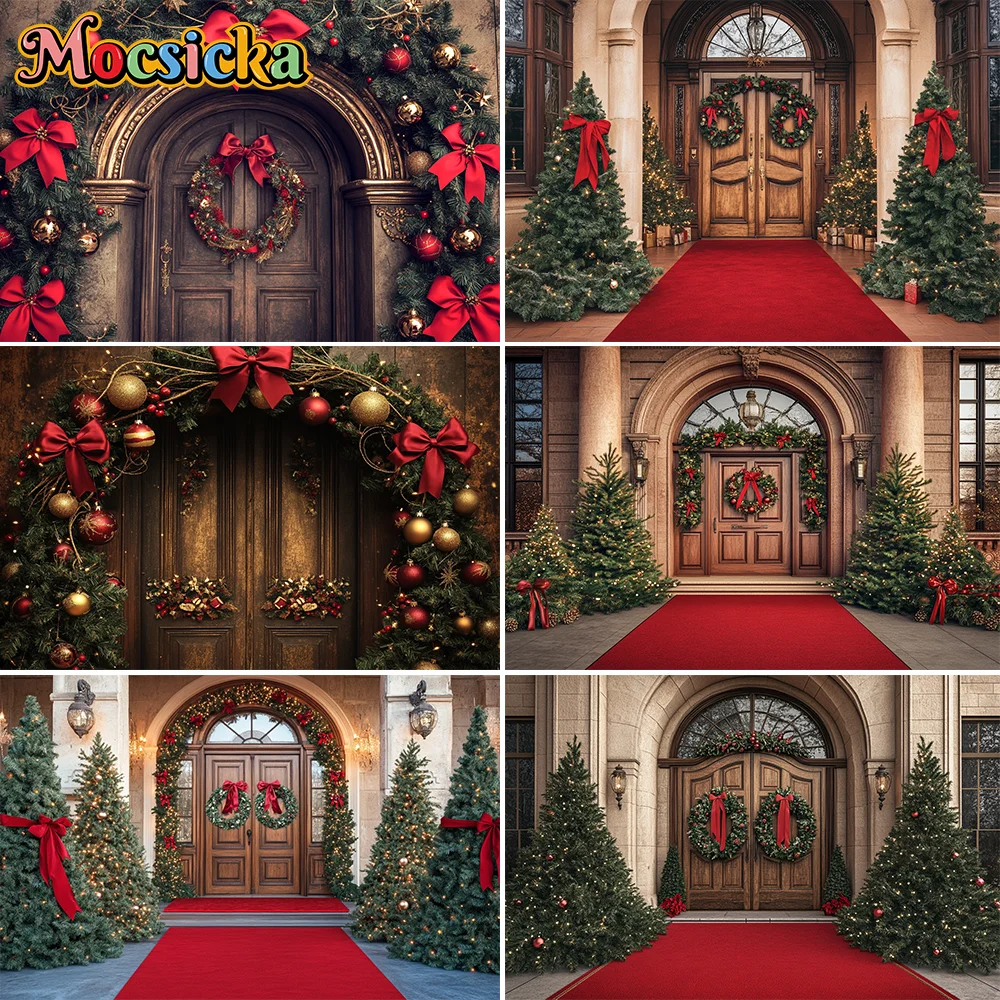 

Christmas European Retro Arched Photography Background Wall Christmas Tree Wreath Gifts Sofa Photo Backdrop Banner Supplies
