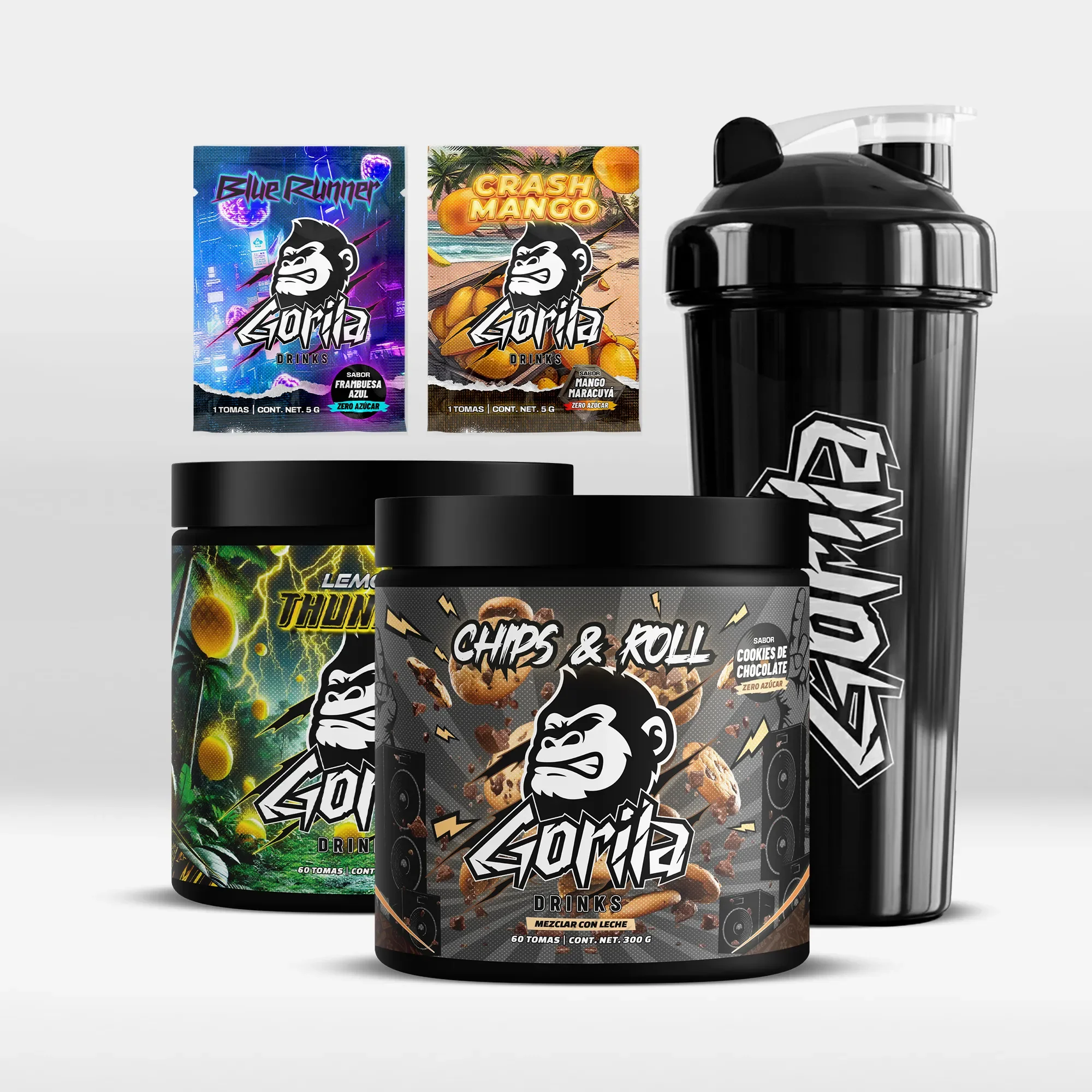 PACK CAPITÁN - Pack 2 Botes de Bebida Energética en Polvo Sin Azúcar + 2 Sobre Monodosis (Toma de 5gr.) + Shaker. Sabores a Elegir - GORILA DRINKS®