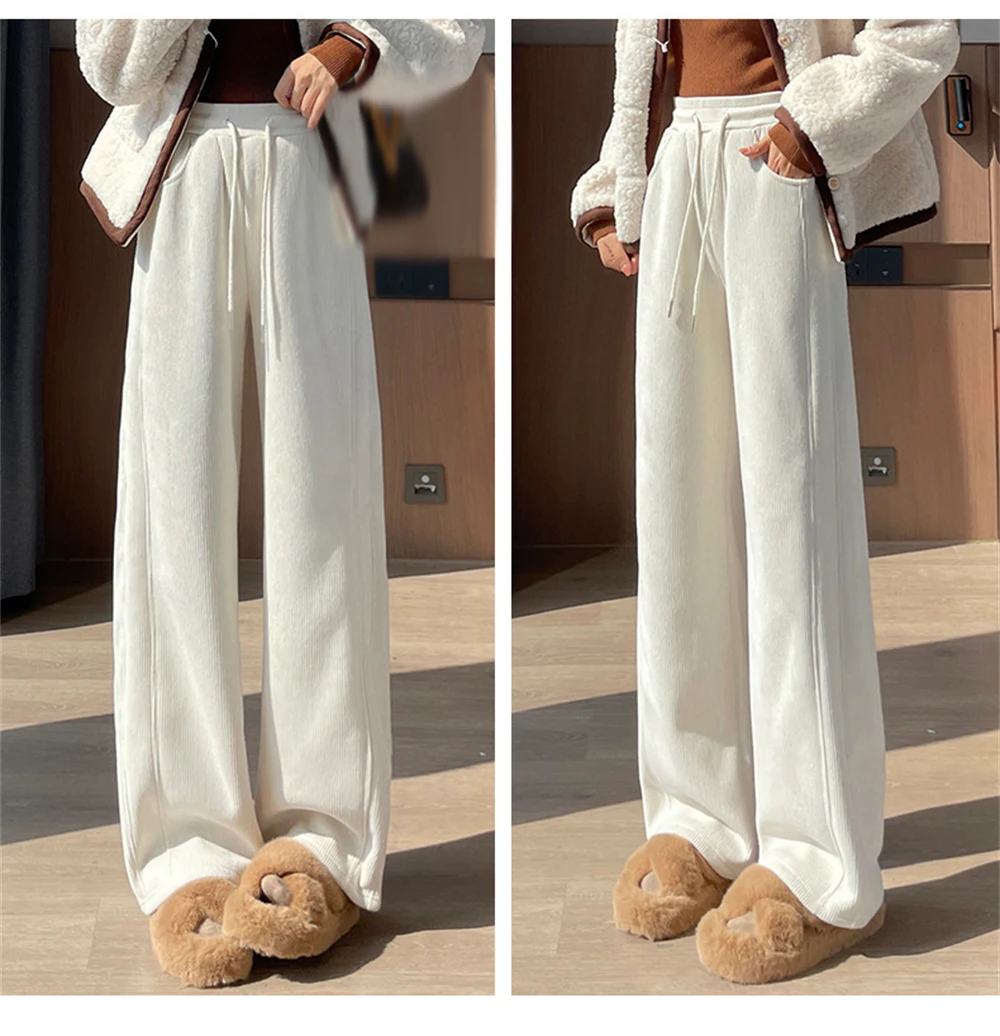 Winter Plus Velvet Thickened Faux Lamb Fur Straight Wide-leg Pants Women's Fashion Casual Loose Comfort Drape Mopping Trousers