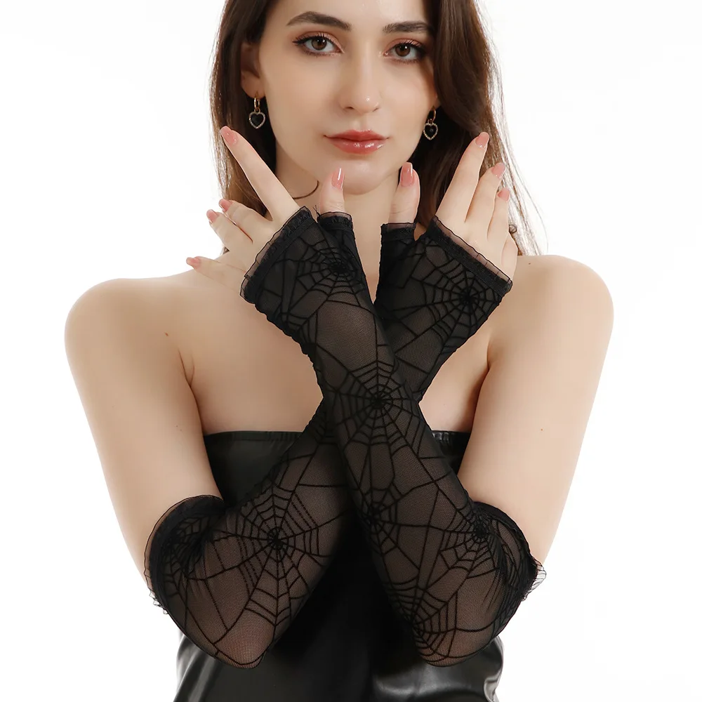 Перчатки на Хэллоуин, длинные перчатки с принтом паука, веб-платье, перчатки для косплея, танцевальные перчатки на Хэллоуин