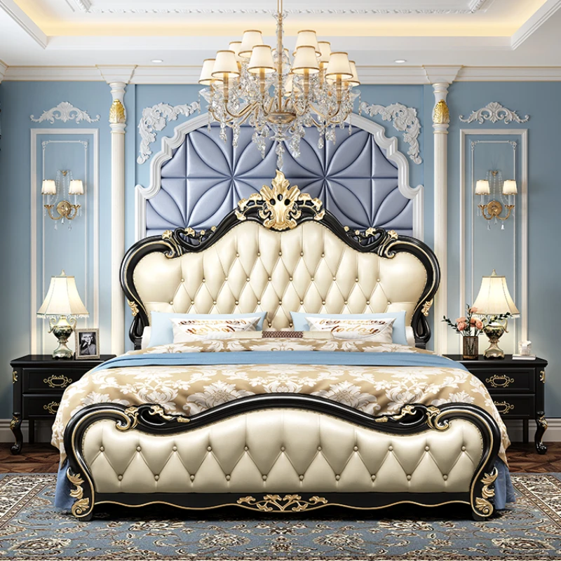 

European Leather Double Bed Solid Wood Luxury Princess Double Bed King Size Letto Matrimoniale Bedroom Set Furniture