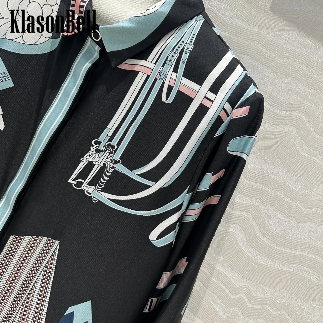 8.14 KlasonBell Women Classic Bridle Geometric Print Shirt 100% Silk Temperament Lapel Loose Casual Blouse Autumn New