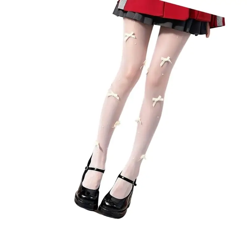 652F High Waist Pantyhose Sheer Silk Stockings Students Girls Thigh High Stockings Sparkly Bows Pearls Tights for Women Girls