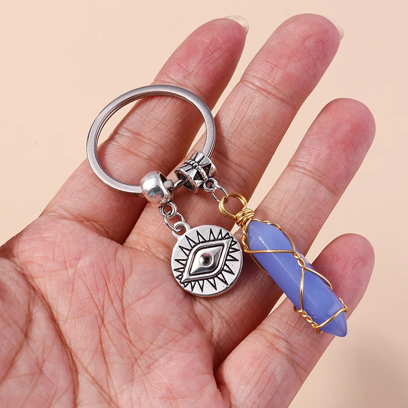 Natürliche sechseckige Säule Stein Schlüsselanhänger Frauen Männer Quarz Opal Kristall Schlüsselanhänger Auge Fatima Hand Sonne Mond Schmuck Party Geschenke – Detail 5