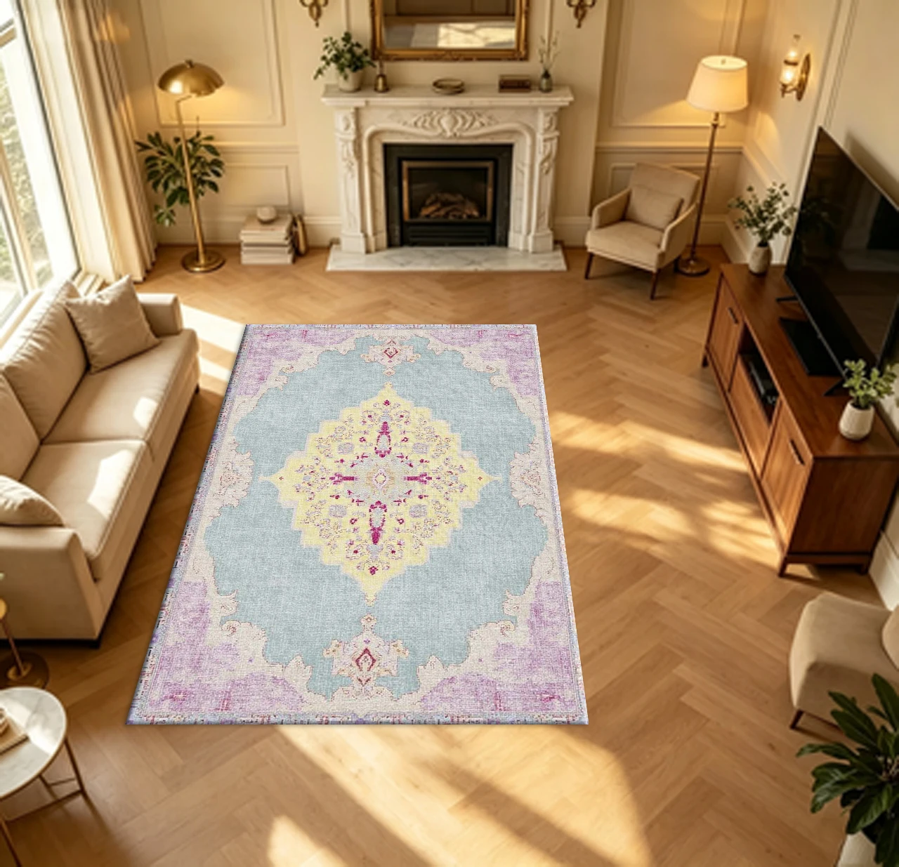 Faded Oriental Boho Medallion Carpet Flooring Mint Yellow Purple Tones Household Bedroom Indoor Decor Large Area Floor Rug