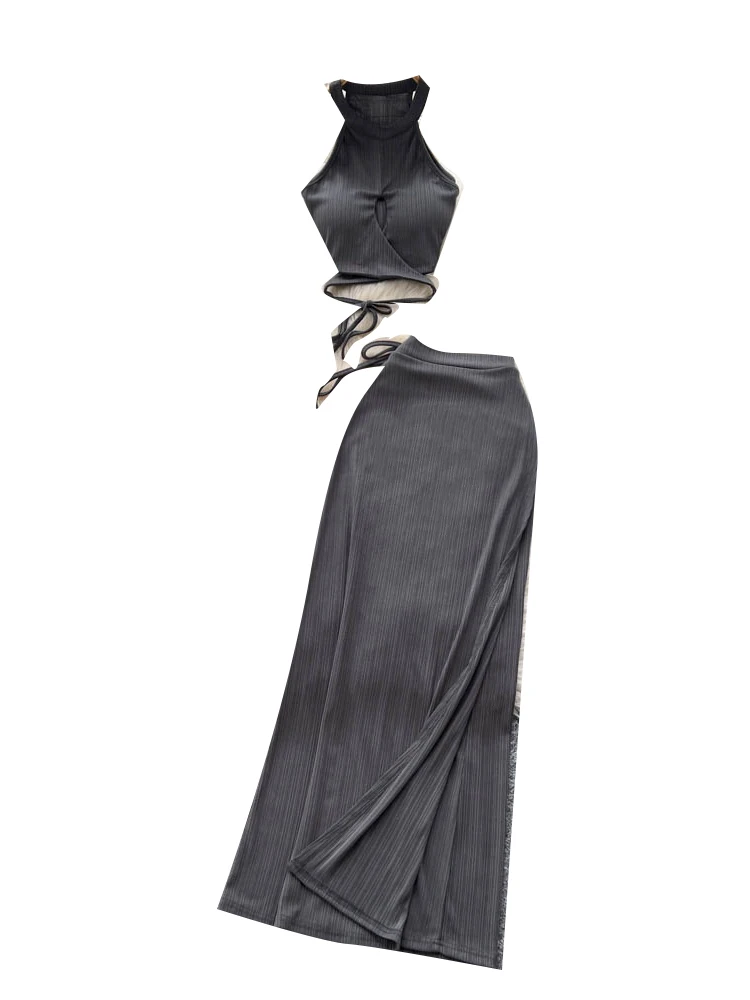 

Spicy Girl Sle Svel Tie-Detail Crop Top + High Waist Split Long Skirt Pure Desire Summer Outfit for Women Faionable...