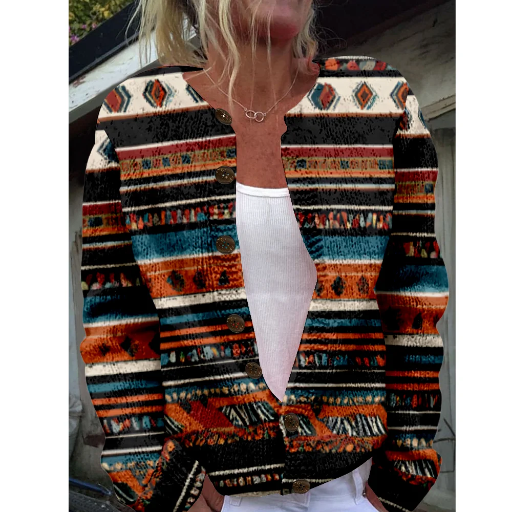 

Ethnic Geometry Sweater Autumn Winter Knitted Cardigan Women Sweaters Knit Top Casual Cool Jumpers Fashion Streetwear