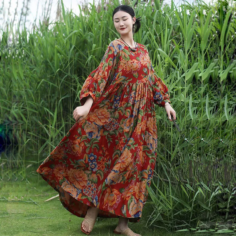 

Round Neck High Waist Large Size Bat Sleeve Dress Summer Women's Nostalgic Casual Cotton and Linen Printed Loose Long Skirt