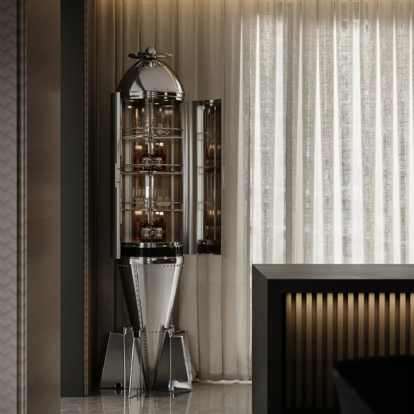 Light luxury stainless steel wine cabinet villa home living room locker display cabinet