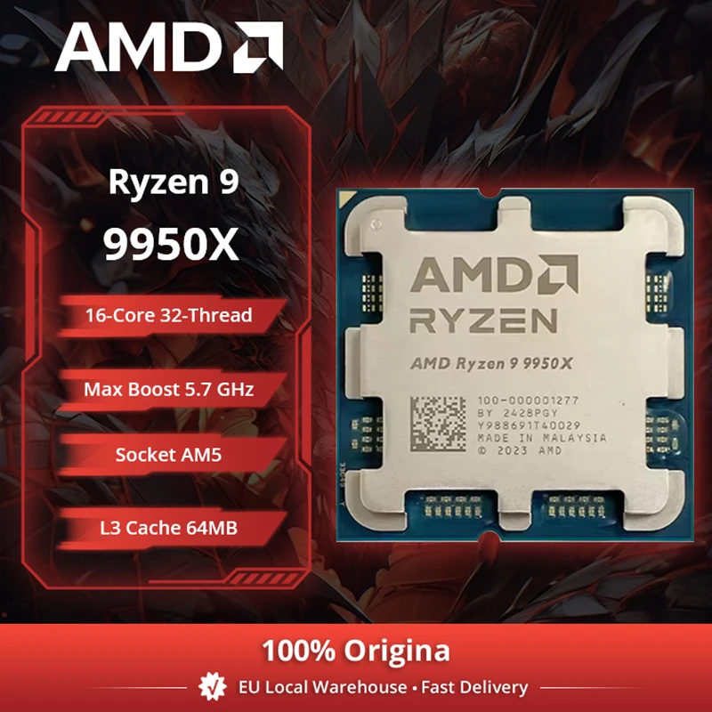 Processeur AMD Ryzen 9 9950X 16 cœurs, fréquence maximale de 5,7 GHz, cache L3 de 64 Mo, socket AM5, DDR5, TDP de 170 W, série R9 9000 sans ventilateur