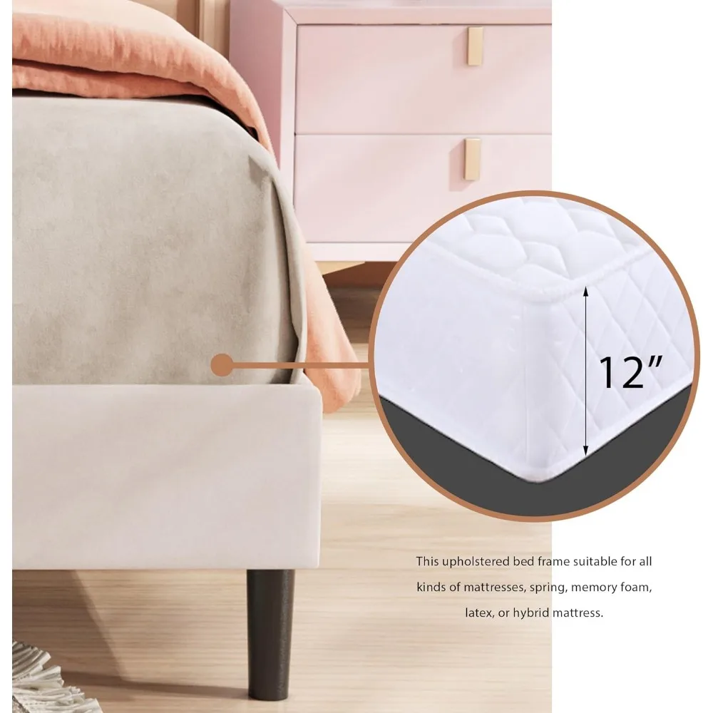 إطار سرير منجد بحجم كوين من alazyhome مع لوح رأسي منجد مخملي وشرائح خشبية تدعم بدون صندوق زنبركي N