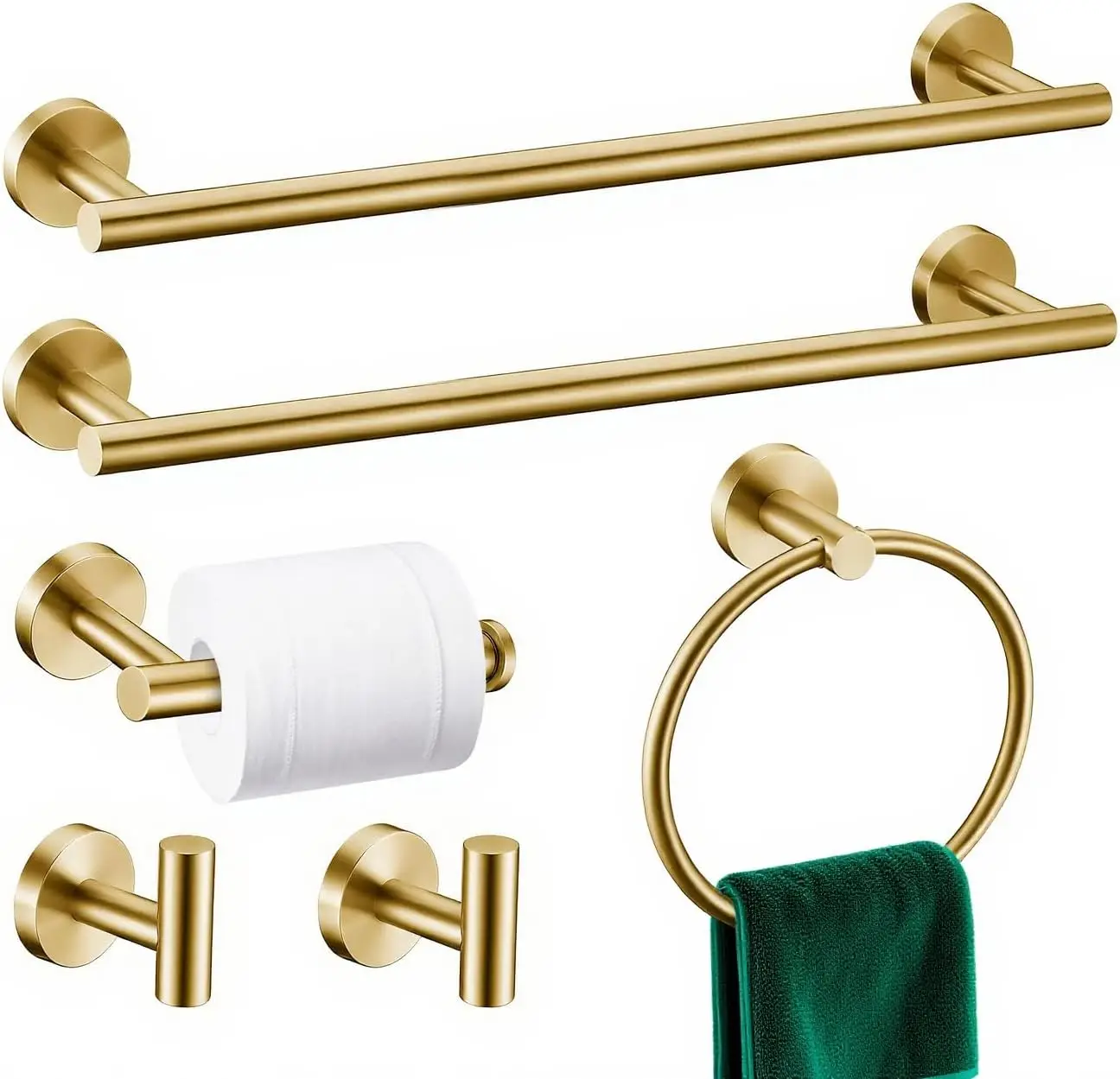 

6 Pieces Brushed Gold Bathroom Hardware Accessories Set, SUS304 Stainless Steel 24 Inch Bath Towel Bar Set, Round Bathroom Towel