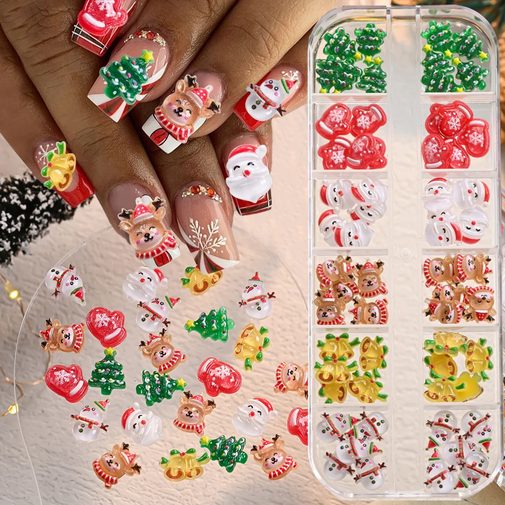 

12 Grids Cute Cartoon Christmas 3D Nail Charms Reindeer Snowman Santa Claus Gloves Nail Accessories Xmas Festival Nail Supplies#