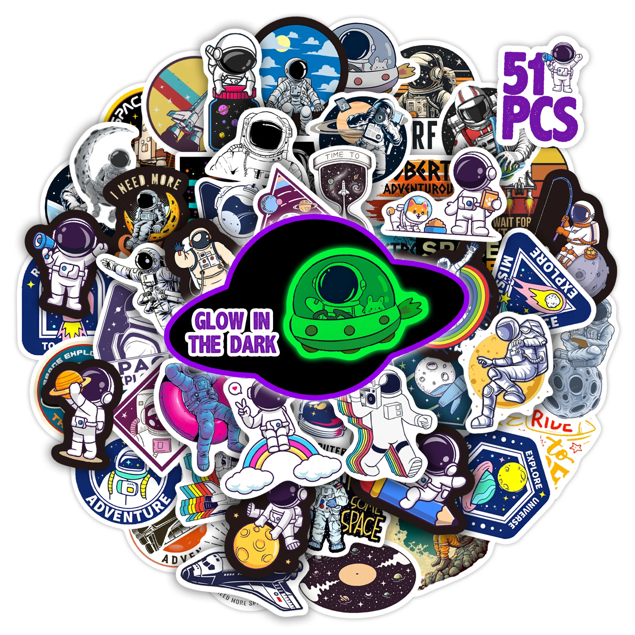 51 Uds. Pegatinas de astronautas que brillan en la oscuridad, calcomanías de vinilo impermeables, decoración de libros para monopatín, botella de agua para niños y adolescentes DIY