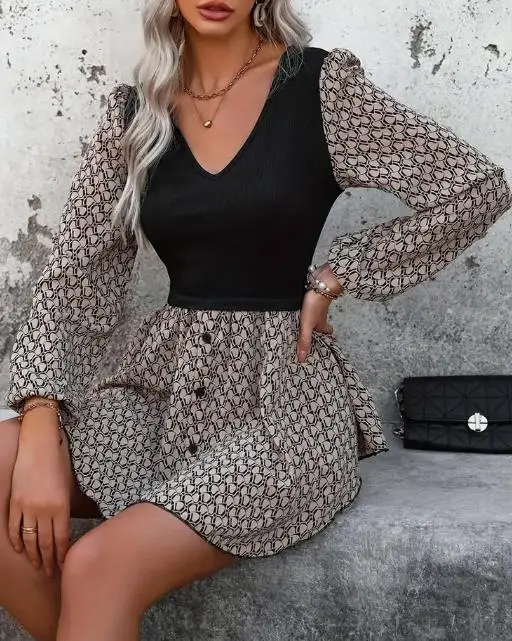 

Autumn V-Neck Slim Fit Solid Color Knitted Patchwork Printed Shirt Dress, Women's Fashionable Design Sense Long Sleeved Dress