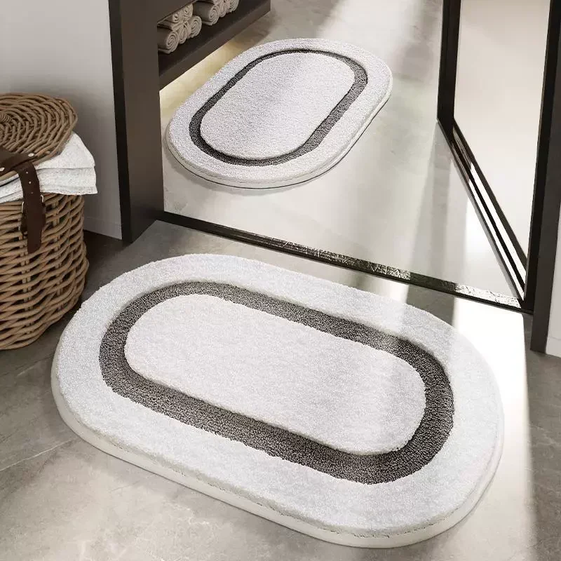 Luxury Flocked Bath Mat - Rectangular/Oval Non-Slip Bathroom Rug, Thick Super Fiber Absorbent Carpet for Modern Home Decor
