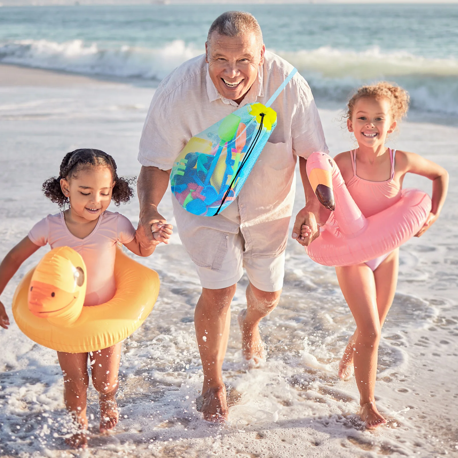 Bolsa de malla de playa para niños con cierre de cordón, bolsa de recolección de concha de arena ligera, diseño hueco para nadar y hacer senderismo
