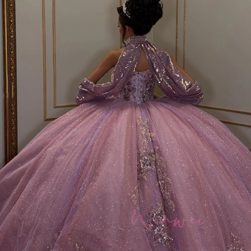 فساتين Quinceanera لامعة مخصصة مكشوفة الكتفين للأميرة مزينة بالدانتيل والخرز من التول لحفلات أعياد الميلاد 15 #3