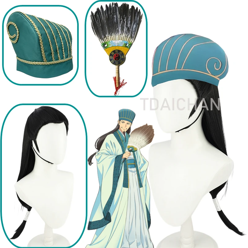 Anime Paripi Koumei Shokatsu Komei Tsukimi Eiko Cosplay Bộ Tóc Giả Dài Đen Tóc Ya Boy Kongming 80Cm Bộ Đội Mũ Quạt đảng Người Koumei