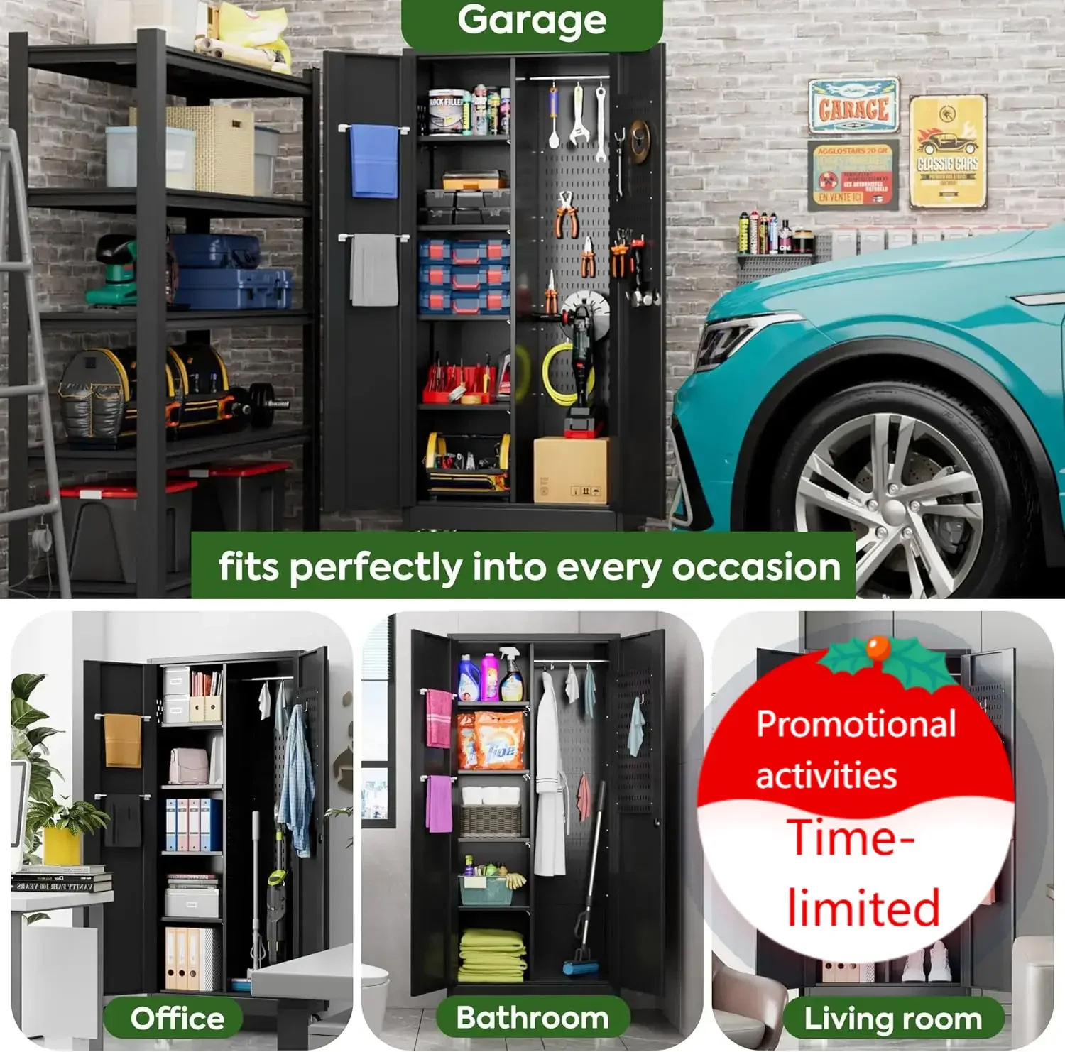 

Hot salesBroom Closet Storage Cabinet with Wheels and Pegboard,Metal Garage Storage Cabinet with Doors and Adjustable