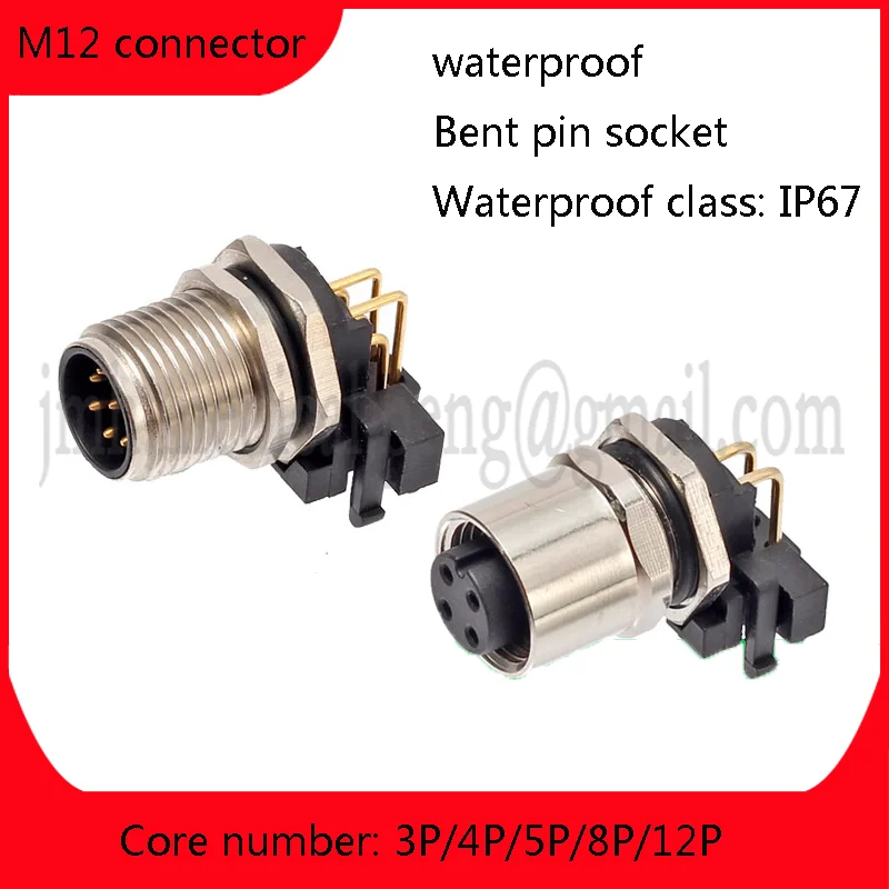 Aviation Plug M12 Bent Foot Straight  PCB Welded Socket 2 Core 3 P 4 Holes 5P 6 8 12P Waterproof IP67  Pass Type