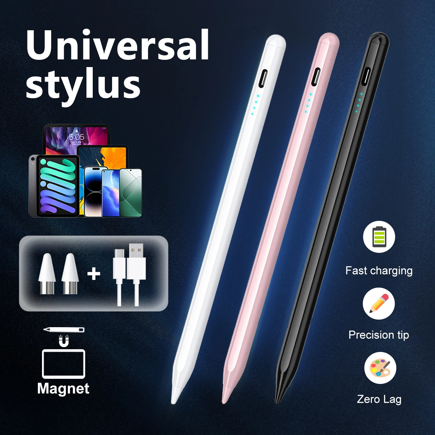 Universal Stylus Pen with soft tip for iOS/Android. USB-C fast charging, works on iPhone/Samsung/Xiaomi/Huawei/Vivo/Lenovo & oth