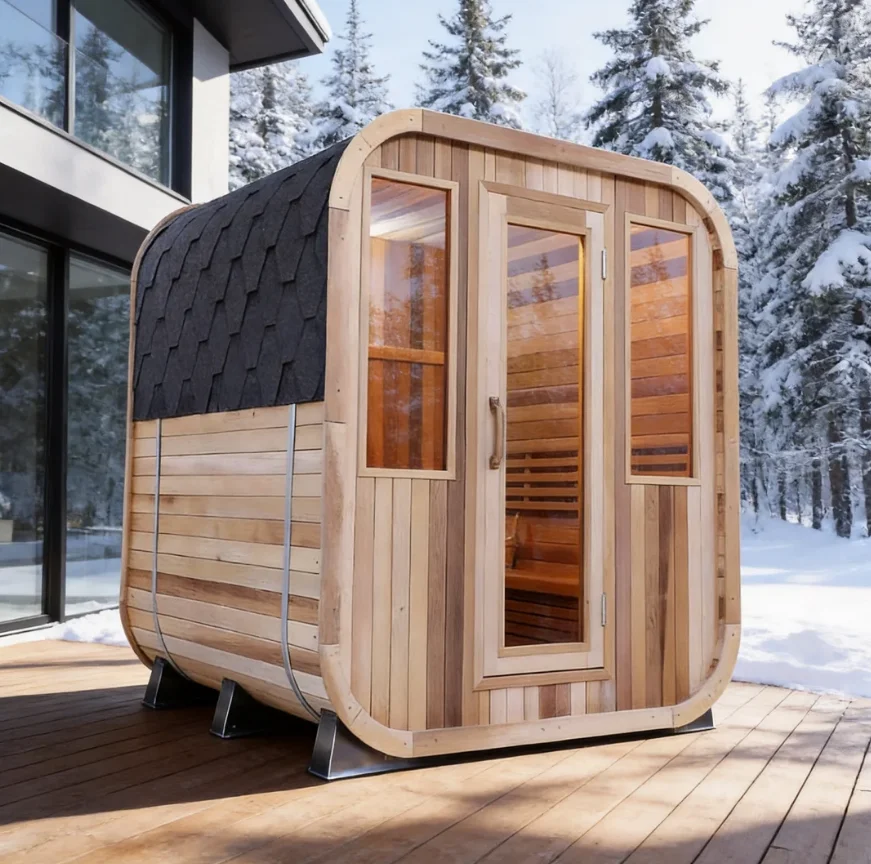 Premium Canadian Red Cedar Backyard Sauna Room All Weather Family Health Spa Cabin Designed With Transparent Front Glass Window