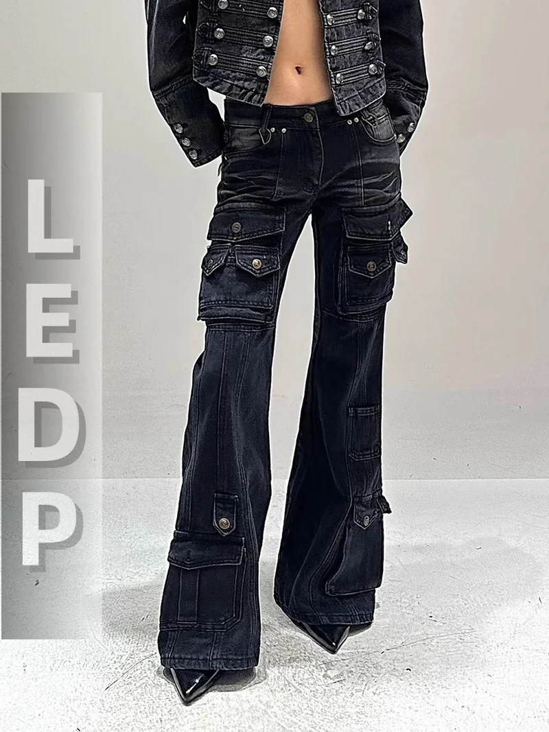 IMU Cyber Y2k Black Flare Jeans Street Vintage Wash Multi-pocket Stretchy Low Waist Cargo Pants Grunge Women Bell Bottoms
