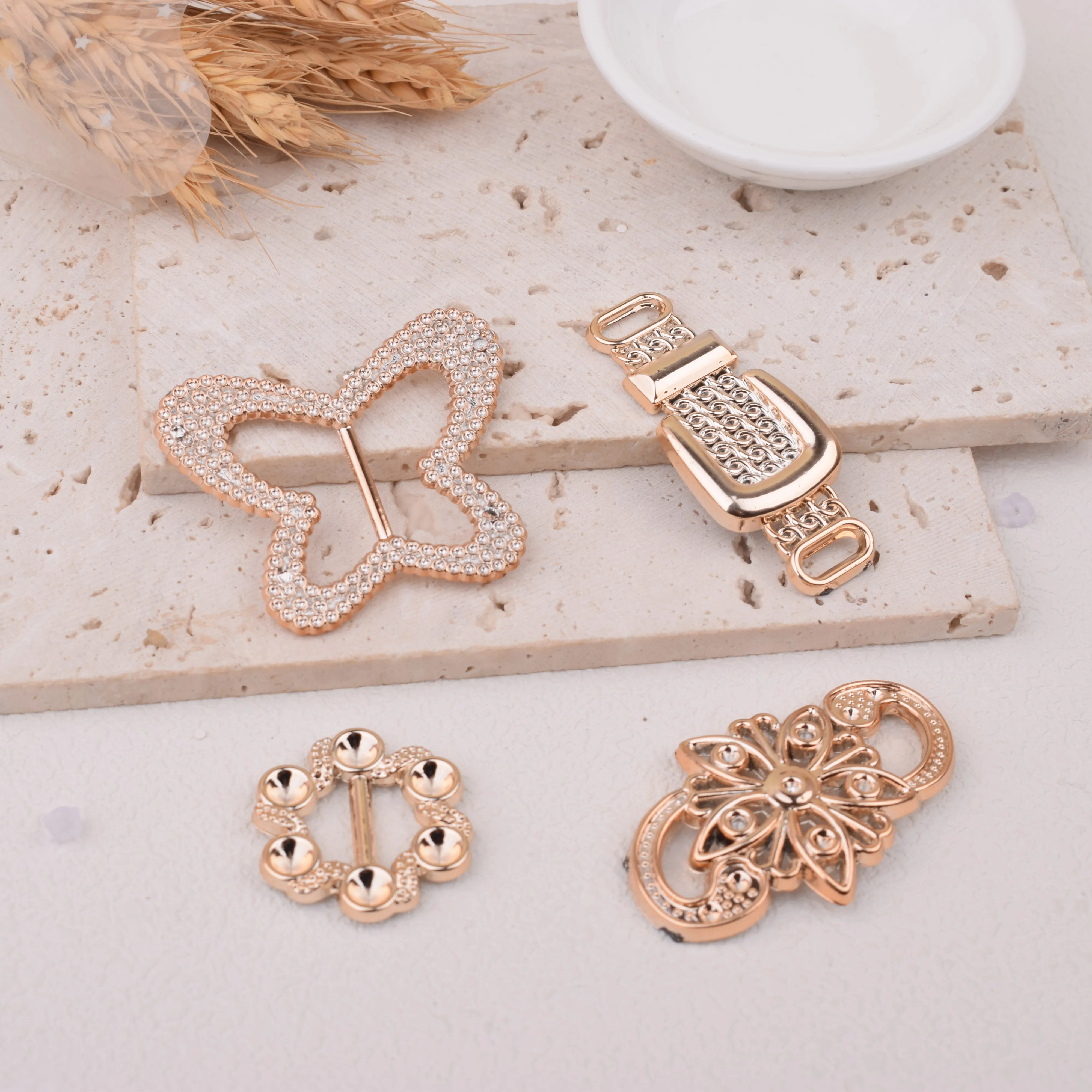 16pcs uv plated rose gold no fade ribbon buckle butterfly Flower watch Invitation Ribbon Slider Headband Hair Clip DIY