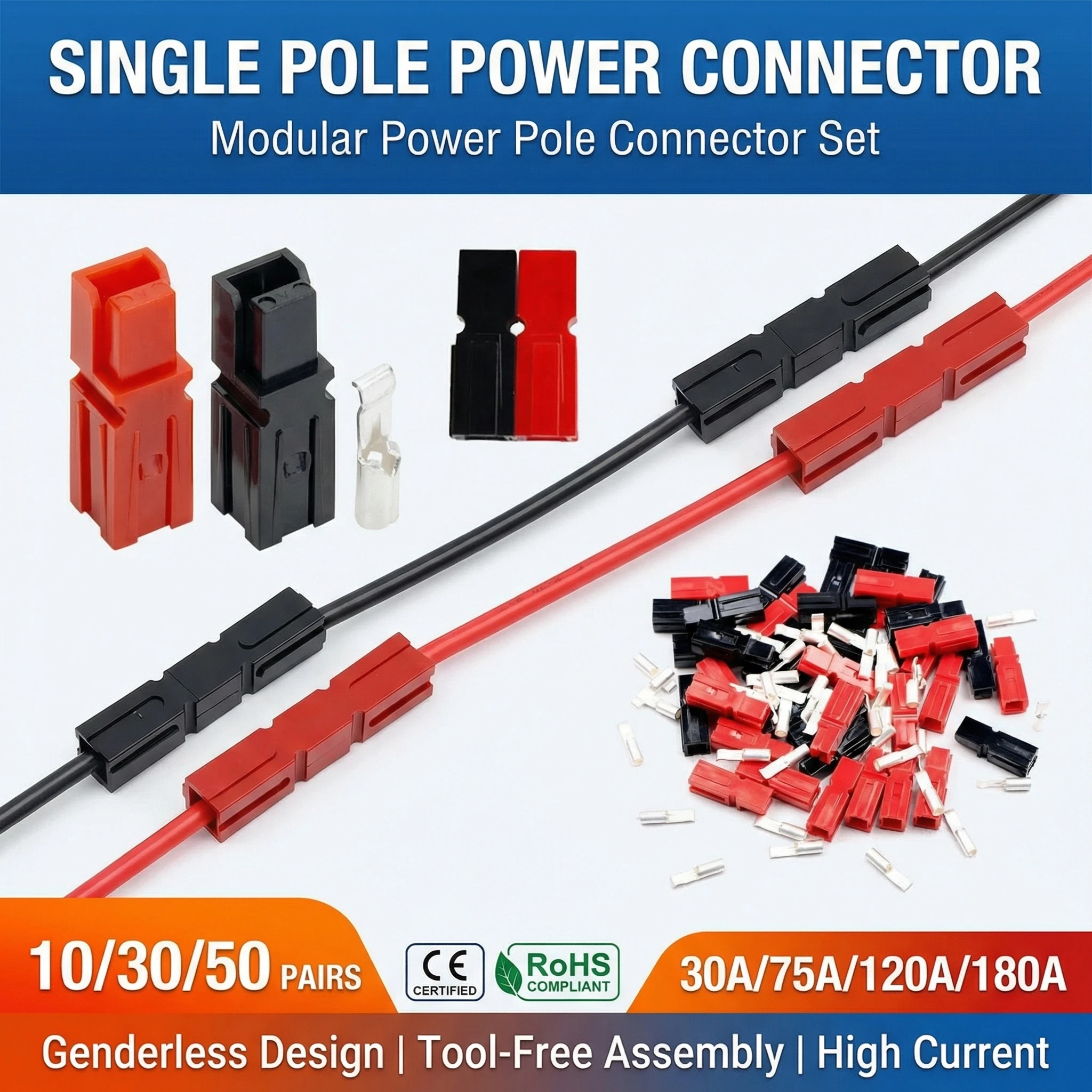 

10Pcs Single Pole SB30 Powerpole Connectors,30A/75A/120A/180A 600V Flame Retardant Quick Disconnect DC Plug for RV&Solar Battery
