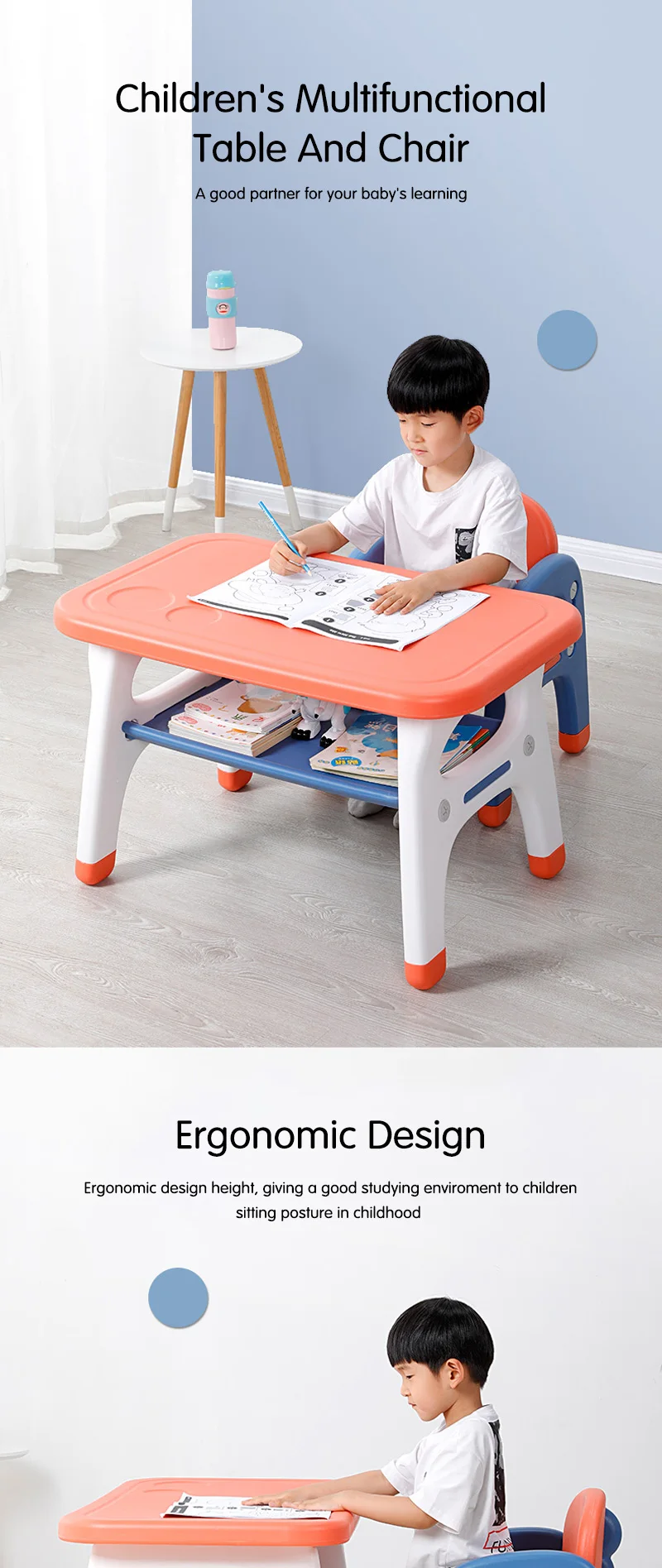 Customizable OEM Baby Plastic Homework Desk Children Furniture Study Tables and Chair Set for Kids - view 4