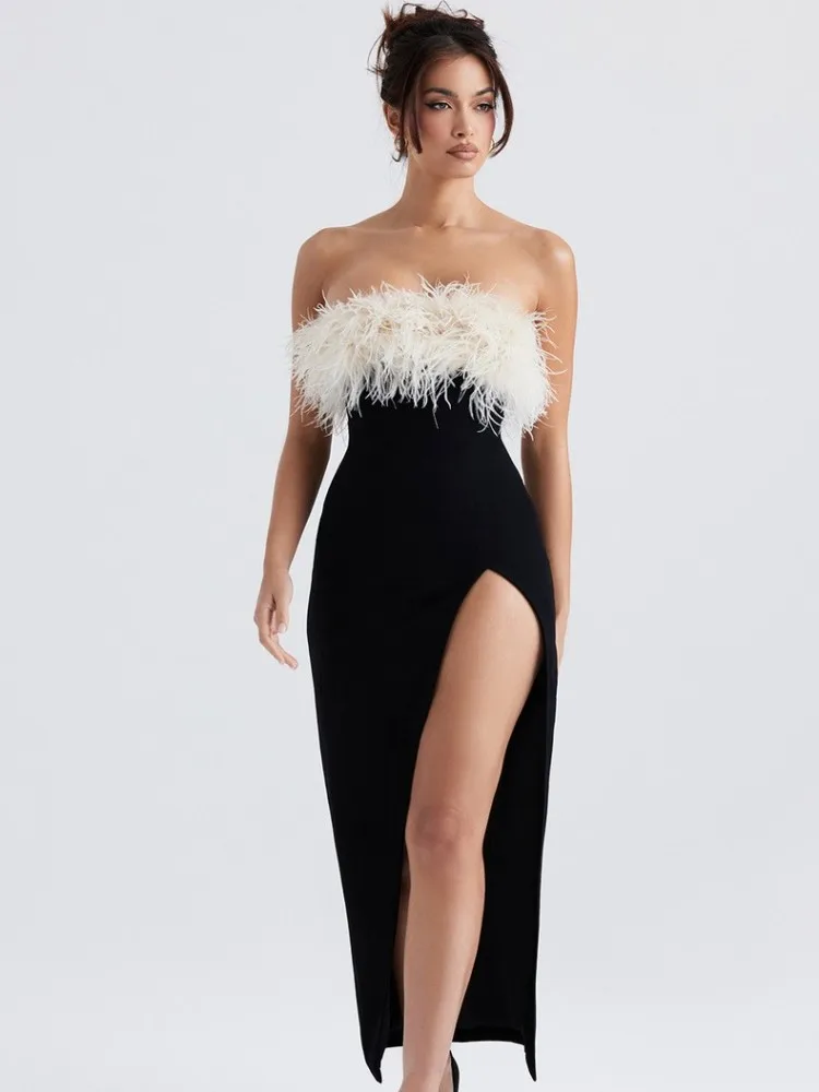 2025 Abito da donna sexy senza spalline in piume patchwork con spacco alto nero midi aderente con fasciatura estiva Abito da sera elegante da club