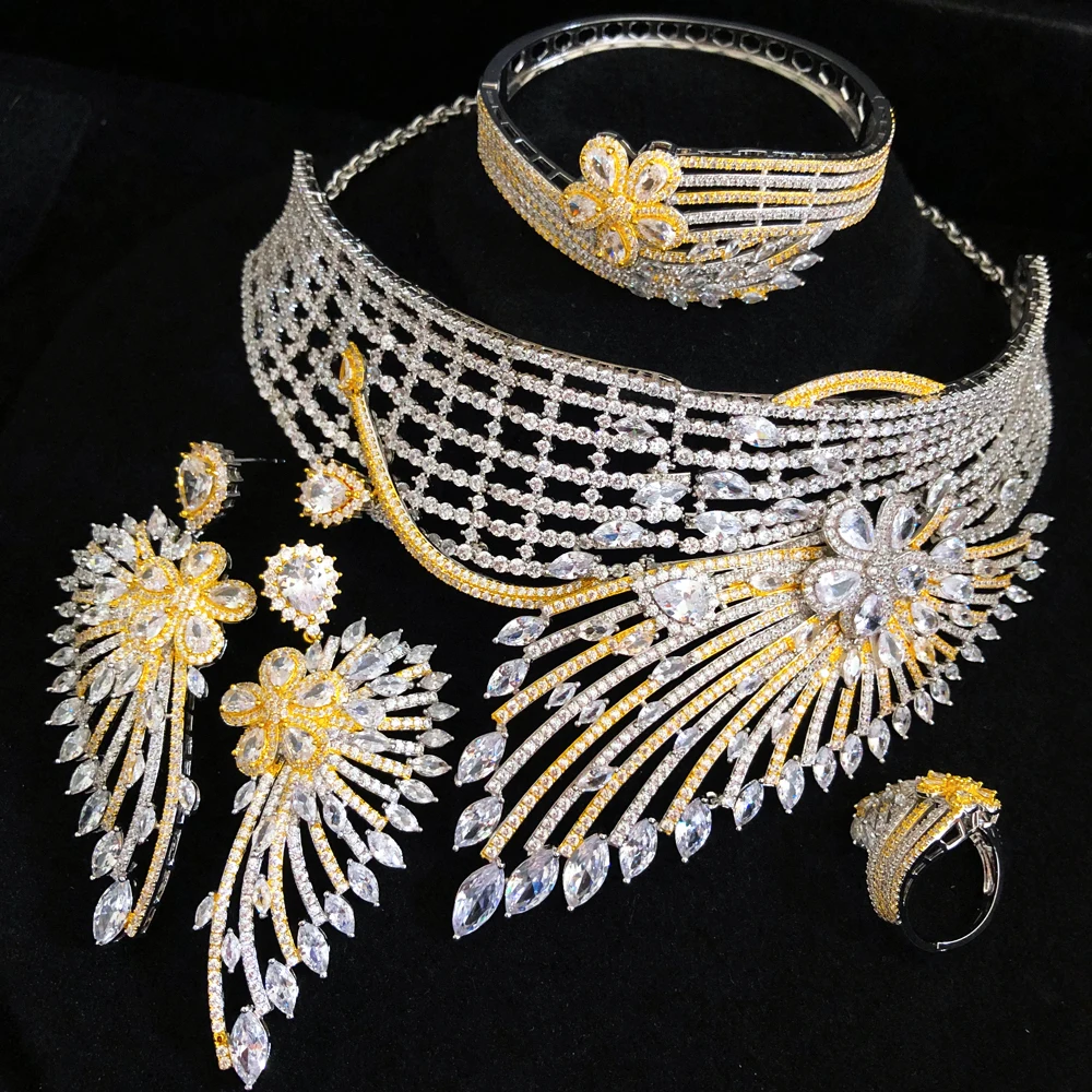 GODKI Luxury African Feather Chokers Jewelry Sets For Women Wedding Cubic Zirconia CZ Dubai Bridal Jewelry Set Dance Party gift